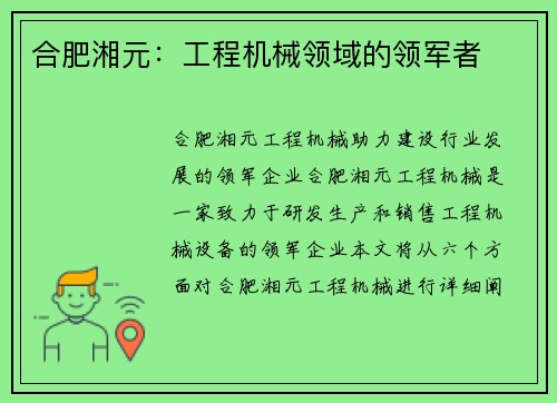 合肥湘元：工程机械领域的领军者
